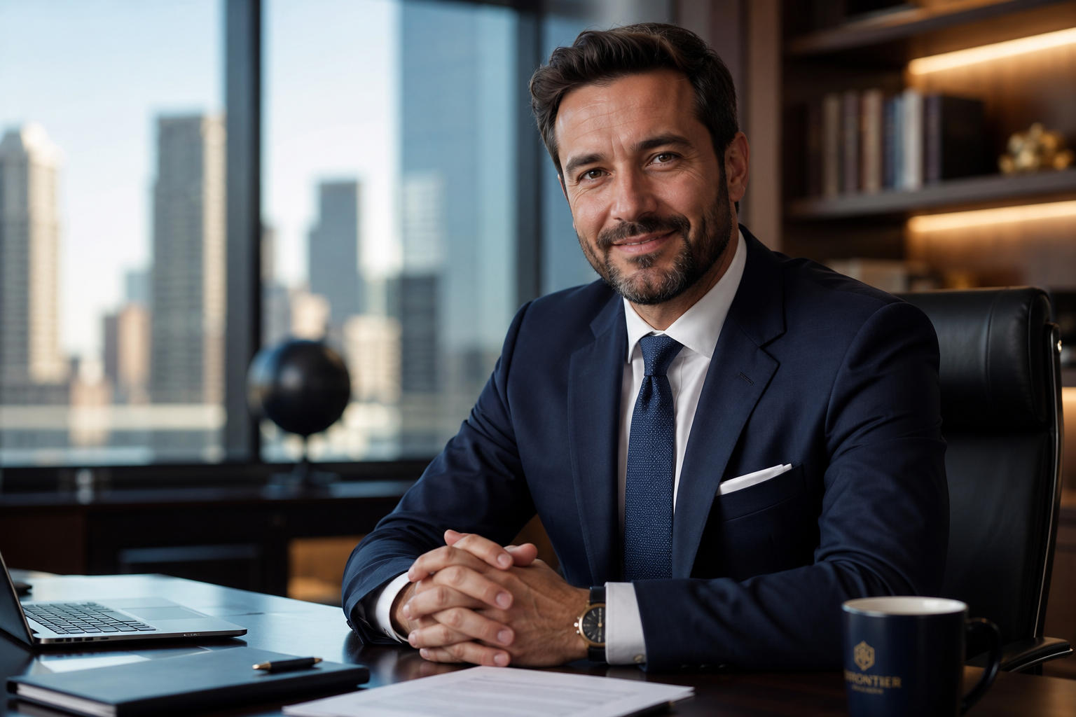 An American Crest Bank executive in a modern corporate office